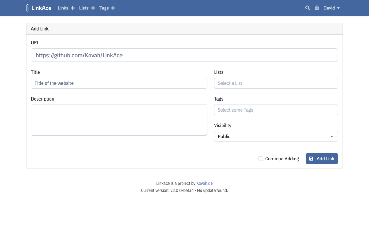 Preview of the Link form