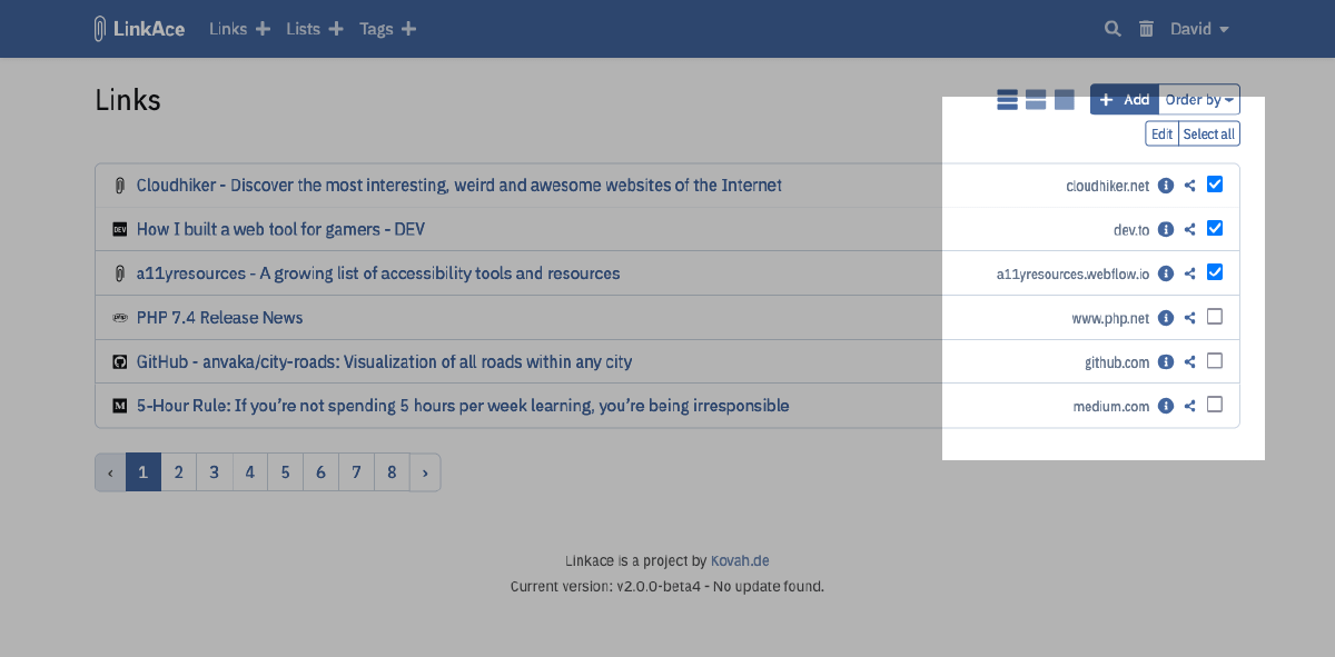 Bulk-selecting Links from the overview page