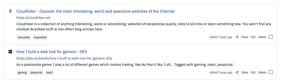 Display links as a detailed list