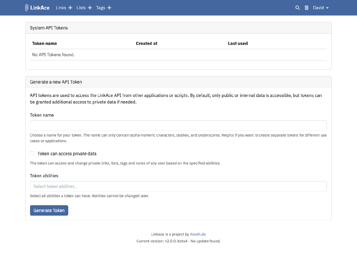 System API tokens preview
