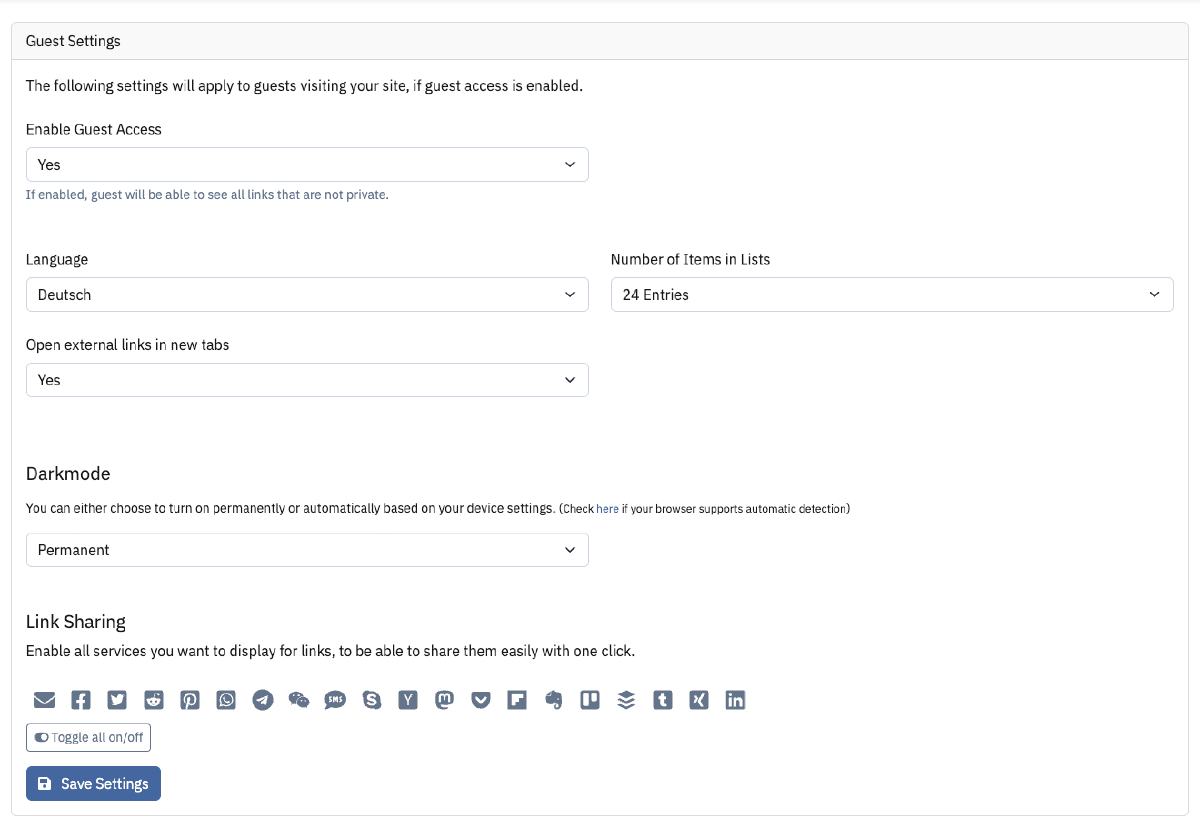 Preview of the system guest settings