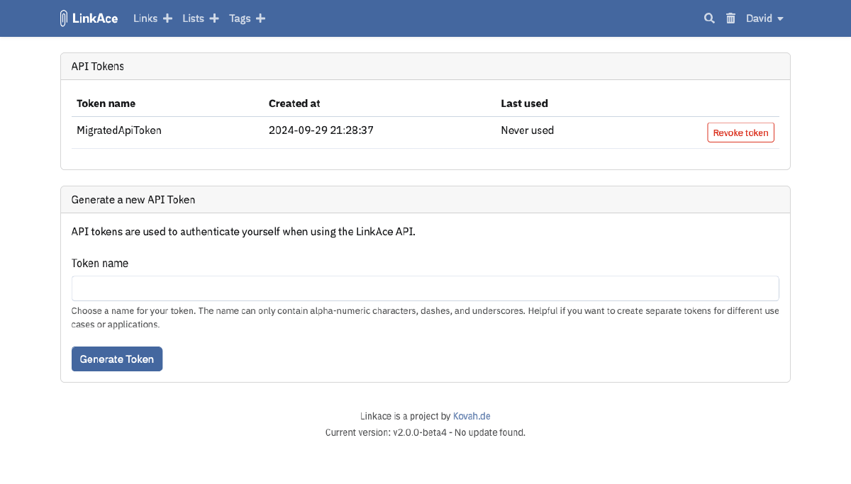 User API tokens preview